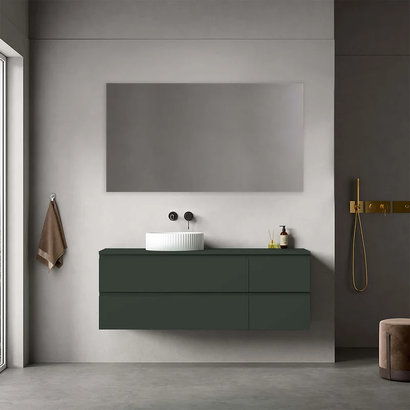 Mobile bagno sospeso reversibile 140 cm Verde Comodoro per Lavabo d'appoggio Specchio Quadro - Fiji Paint Top