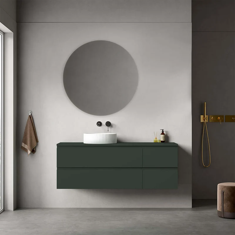 Mobile bagno sospeso reversibile 140 cm Verde Comodoro per Lavabo d'appoggio Specchio Tondo - Fiji Paint Top