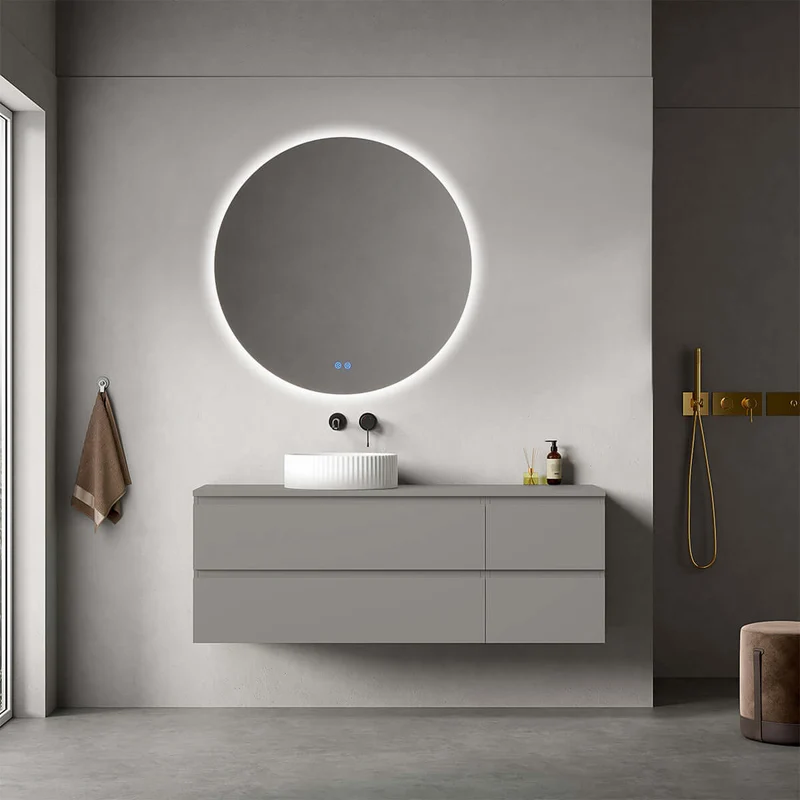 Mobile bagno sospeso reversibile 140 cm Grigio Londra per Lavabo d'appoggio Specchio Tondo Retroilluminato - Fiji Paint Top
