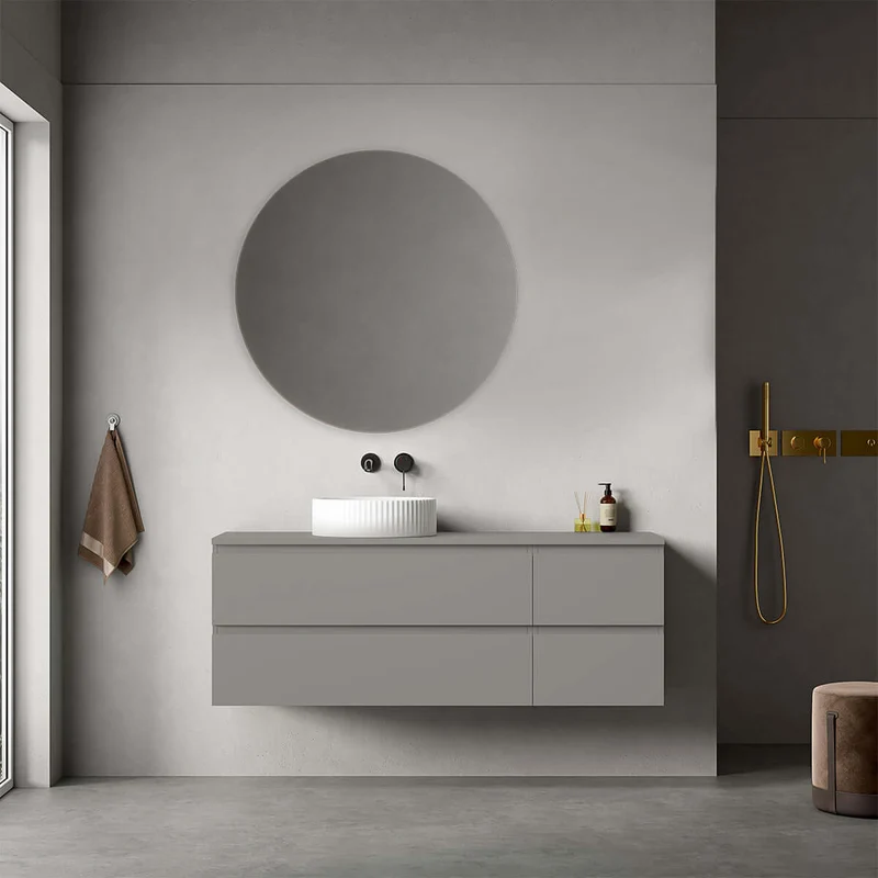 Mobile bagno sospeso reversibile 140 cm Grigio Londra per Lavabo d'appoggio Specchio Tondo - Fiji Paint Top