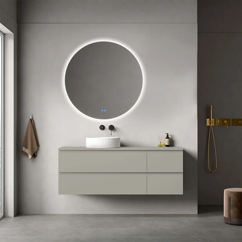 Mobile bagno sospeso reversibile 140 cm Grigio Cenere per Lavabo d'appoggio Specchio Tondo Retroilluminato - Fiji Paint Top
