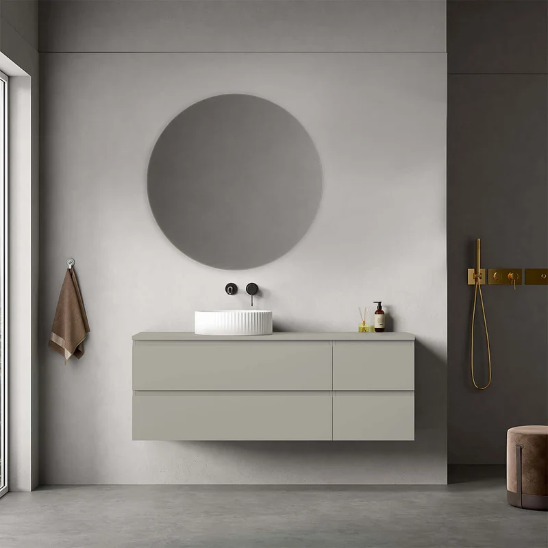 Mobile bagno sospeso reversibile 140 cm Grigio Cenere per Lavabo d'appoggio Specchio Tondo - Fiji Paint Top