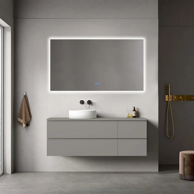 Mobile bagno sospeso reversibile 140 cm Grigio Londra per Lavabo d'appoggio Specchio Quadro Retroilluminato - Fiji Paint Top