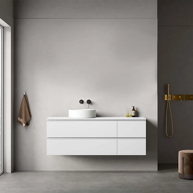 Mobile bagno sospeso reversibile 140 cm Bianco Opaco per Lavabo d'appoggio Senza Specchio - Fiji Paint Top