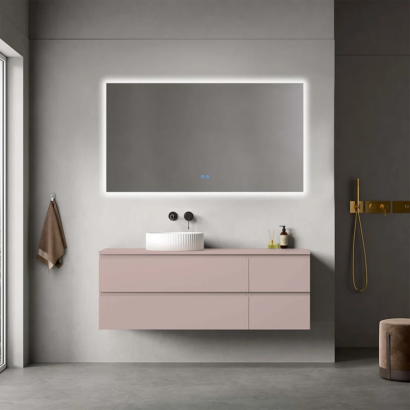 Mobile bagno sospeso reversibile 140 cm Rosa Retrò per Lavabo d'appoggio Specchio Quadro Retroilluminato - Fiji Paint Top