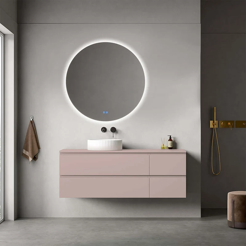Mobile bagno sospeso reversibile 140 cm Rosa Retrò per Lavabo d'appoggio Specchio Tondo Retroilluminato - Fiji Paint Top
