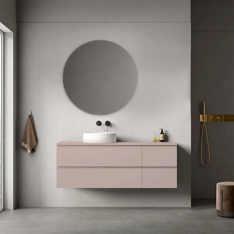 Mobile bagno sospeso reversibile 140 cm Rosa Retrò per Lavabo d'appoggio Specchio Tondo - Fiji Paint Top