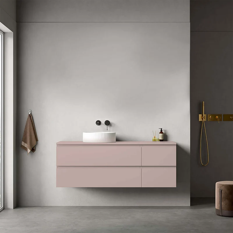 Mobile bagno sospeso reversibile 140 cm Rosa Retrò per Lavabo d'appoggio Senza Specchio - Fiji Paint Top