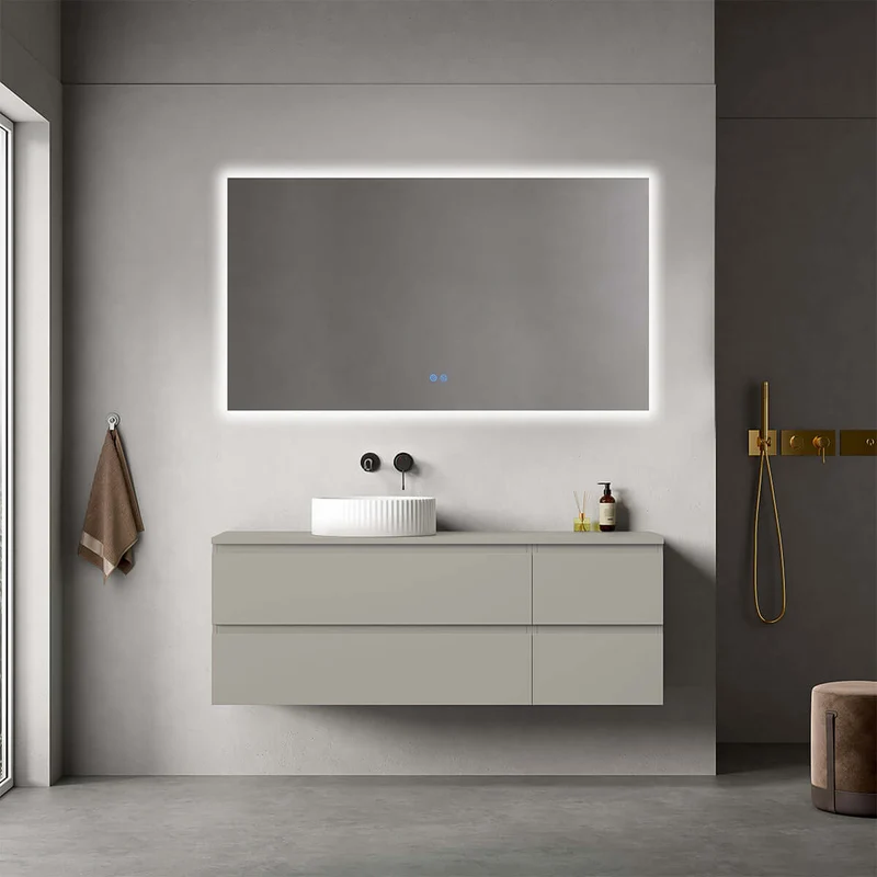 Mobile bagno sospeso reversibile 140 cm Grigio Cenere per Lavabo d'appoggio Specchio Quadro Retroilluminato - Fiji Paint Top