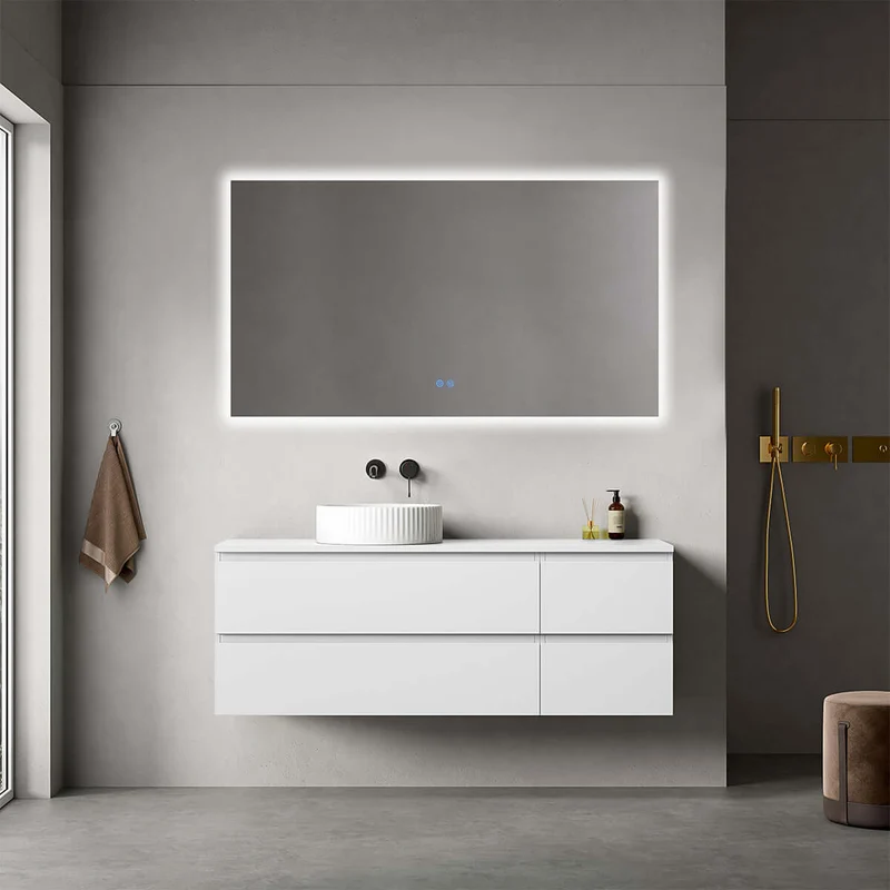 Mobile bagno sospeso reversibile 140 cm Bianco Opaco per Lavabo d'appoggio Specchio Quadro Retroilluminato - Fiji Paint Top