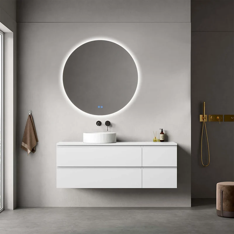 Mobile bagno sospeso reversibile 140 cm Bianco Opaco per Lavabo d'appoggio Specchio Tondo Retroilluminato - Fiji Paint Top