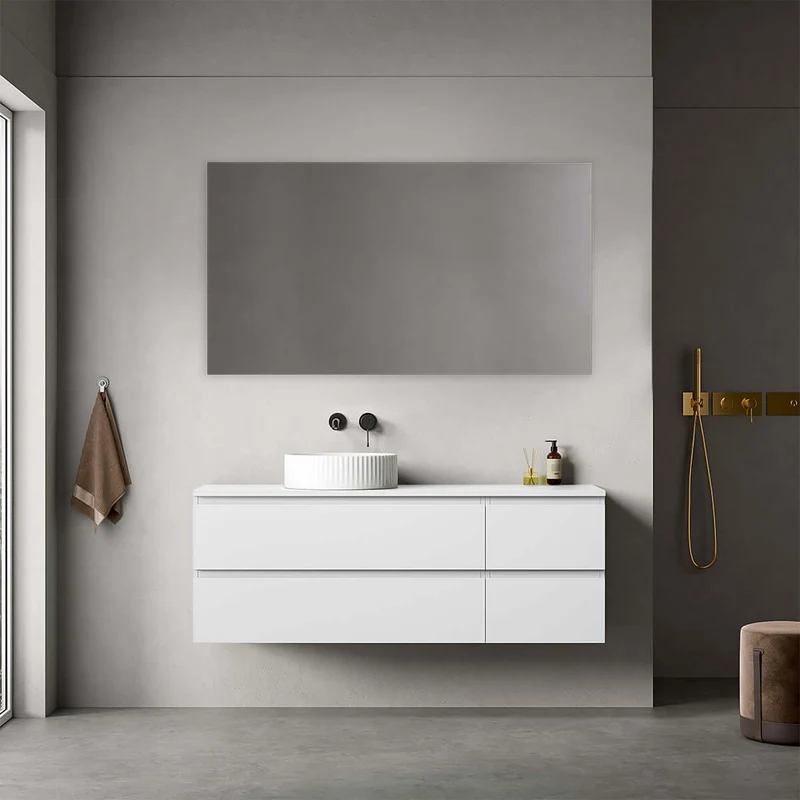 Mobile bagno sospeso reversibile 140 cm Bianco Opaco per Lavabo d'appoggio Specchio Quadro - Fiji Paint Top