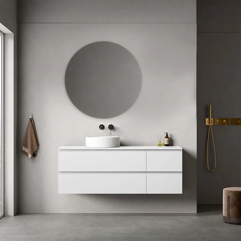 Mobile bagno sospeso reversibile 140 cm Bianco Opaco per Lavabo d'appoggio Specchio Tondo - Fiji Paint Top