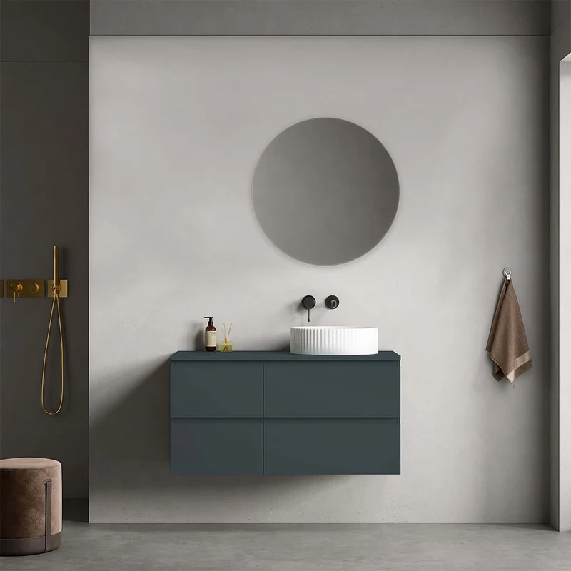Mobile bagno sospeso reversibile 100 cm Blu Mare per Lavabo d'appoggio Specchio Tondo - Fiji Paint Top