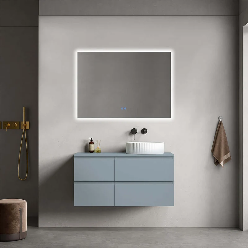 Mobile bagno sospeso reversibile 100 cm Blu Avio per Lavabo d'appoggio Specchio Quadro Retroilluminato - Fiji Paint Top
