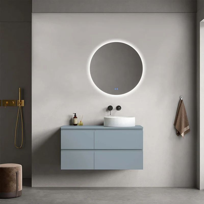 Mobile bagno sospeso reversibile 100 cm Blu Avio per Lavabo d'appoggio Specchio Tondo Retroilluminato - Fiji Paint Top