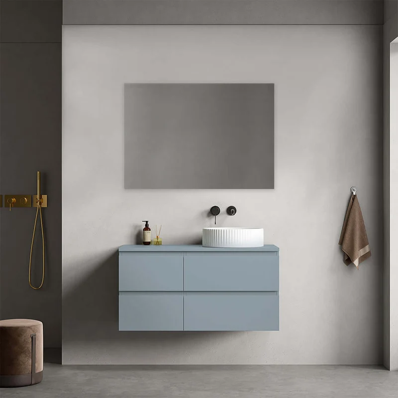 Mobile bagno sospeso reversibile 100 cm Blu Avio per Lavabo d'appoggio Specchio Quadro - Fiji Paint Top