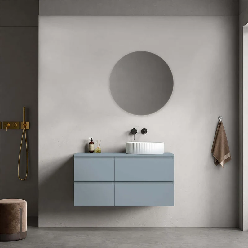 Mobile bagno sospeso reversibile 100 cm Blu Avio per Lavabo d'appoggio Specchio Tondo - Fiji Paint Top