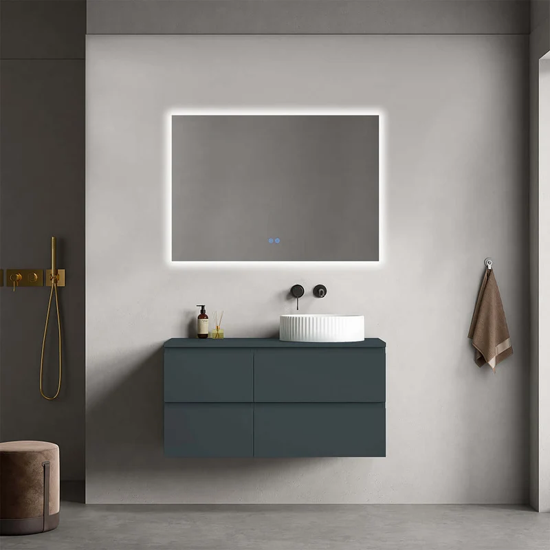 Mobile bagno sospeso reversibile 100 cm Blu Mare per Lavabo d'appoggio Specchio Quadro Retroilluminato - Fiji Paint Top