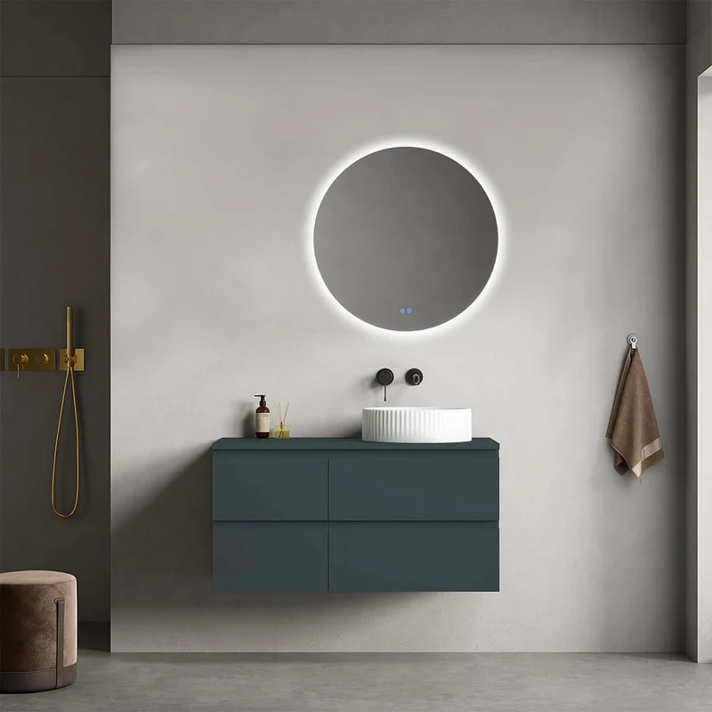 Mobile bagno sospeso reversibile 100 cm Blu Mare per Lavabo d'appoggio Specchio Tondo Retroilluminato - Fiji Paint Top