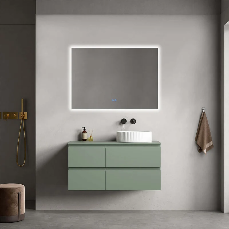 Mobile bagno sospeso reversibile 100 cm Verde Salvia per Lavabo d'appoggio Specchio Quadro Retroilluminato - Fiji Paint Top