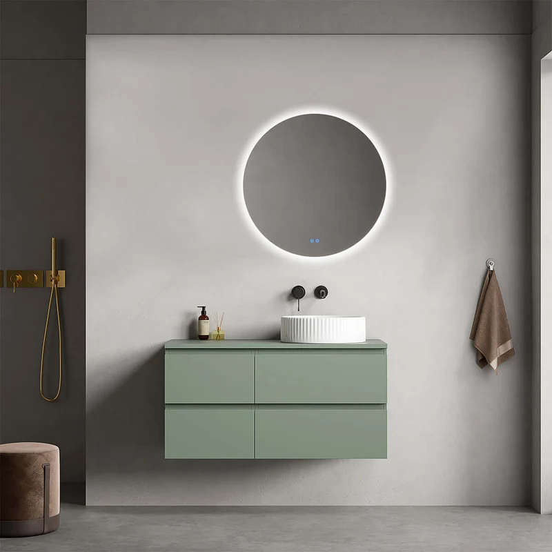 Mobile bagno sospeso reversibile 100 cm Verde Salvia per Lavabo d'appoggio Specchio Tondo Retroilluminato - Fiji Paint Top