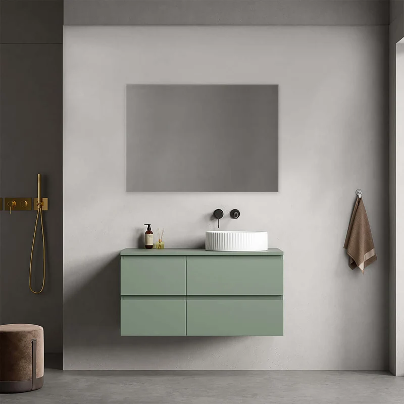 Mobile bagno sospeso reversibile 100 cm Verde Salvia per Lavabo d'appoggio Specchio Quadro - Fiji Paint Top