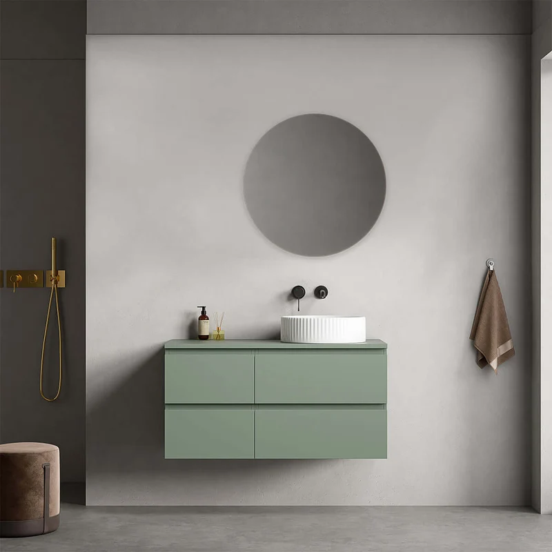 Mobile bagno sospeso reversibile 100 cm Verde Salvia per Lavabo d'appoggio Specchio Tondo - Fiji Paint Top