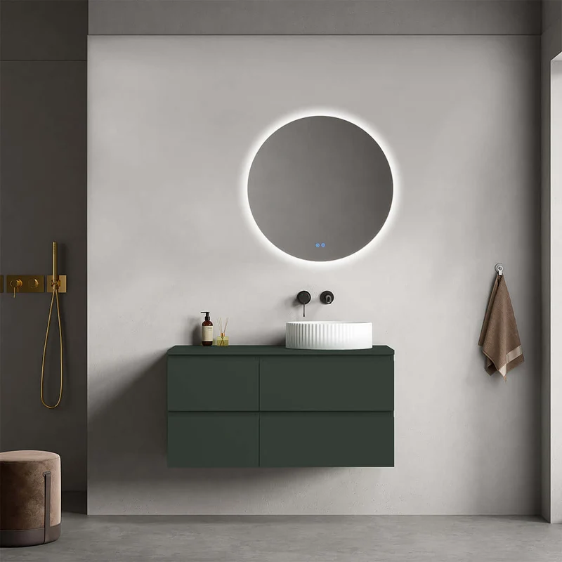 Mobile bagno sospeso reversibile 100 cm Verde Comodoro per Lavabo d'appoggio Specchio Tondo Retroilluminato - Fiji Paint Top