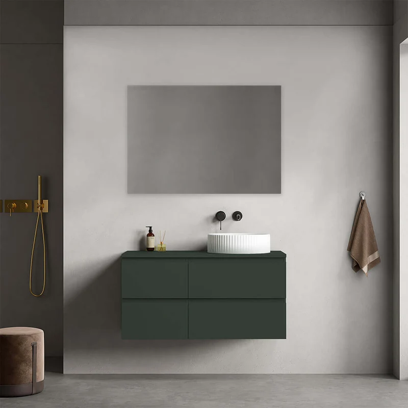 Mobile bagno sospeso reversibile 100 cm Verde Comodoro per Lavabo d'appoggio Specchio Quadro - Fiji Paint Top