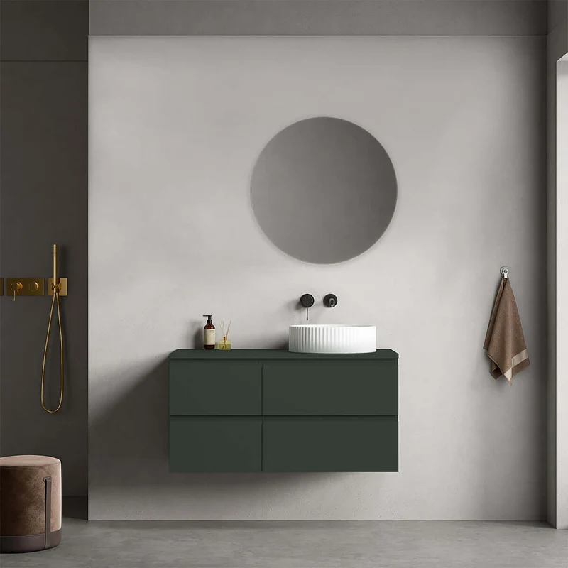 Mobile bagno sospeso reversibile 100 cm Verde Comodoro per Lavabo d'appoggio Specchio Tondo - Fiji Paint Top