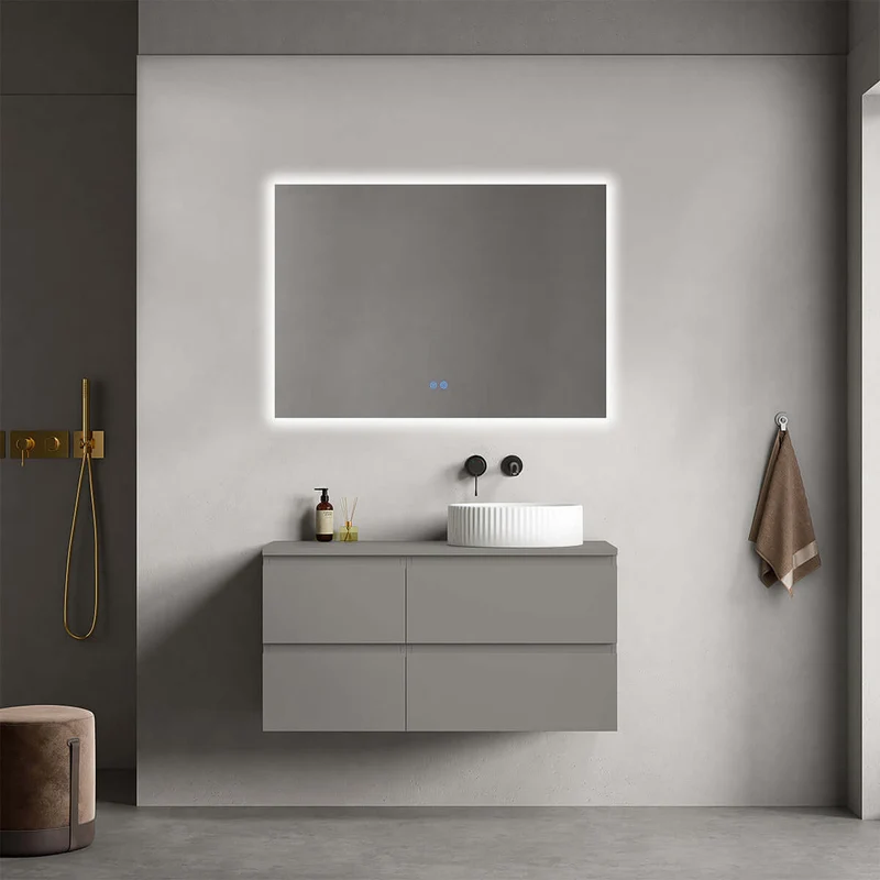 Mobile bagno sospeso reversibile 100 cm Grigio Londra per Lavabo d'appoggio Specchio Quadro Retroilluminato - Fiji Paint Top