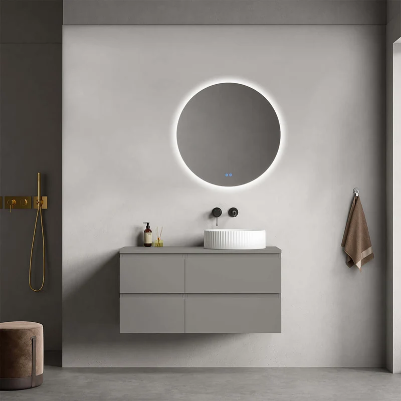 Mobile bagno sospeso reversibile 100 cm Grigio Londra per Lavabo d'appoggio Specchio Tondo Retroilluminato - Fiji Paint Top