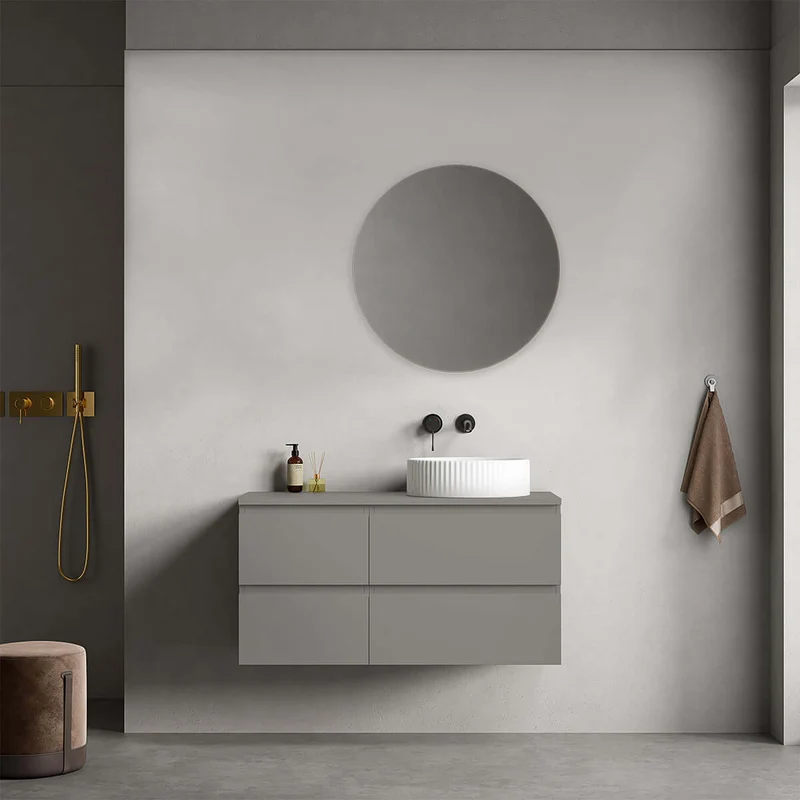 Mobile bagno sospeso reversibile 100 cm Grigio Londra per Lavabo d'appoggio Specchio Tondo - Fiji Paint Top