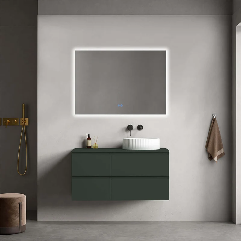 Mobile bagno sospeso reversibile 100 cm Verde Comodoro per Lavabo d'appoggio Specchio Quadro Retroilluminato - Fiji Paint Top
