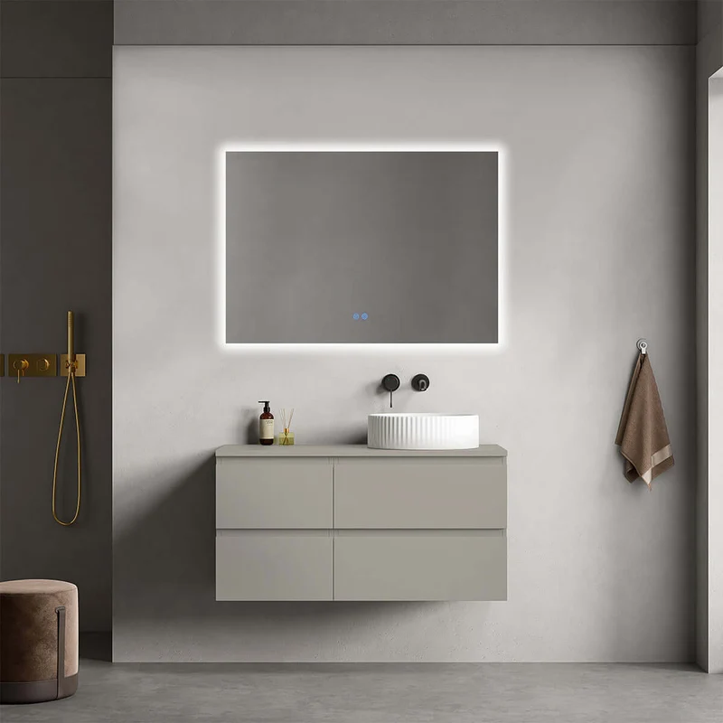 Mobile bagno sospeso reversibile 100 cm Grigio Cenere per Lavabo d'appoggio Specchio Quadro Retroilluminato - Fiji Paint Top