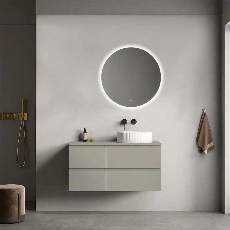 Mobile bagno sospeso reversibile 100 cm Grigio Cenere per Lavabo d'appoggio Specchio Tondo Retroilluminato - Fiji Paint Top
