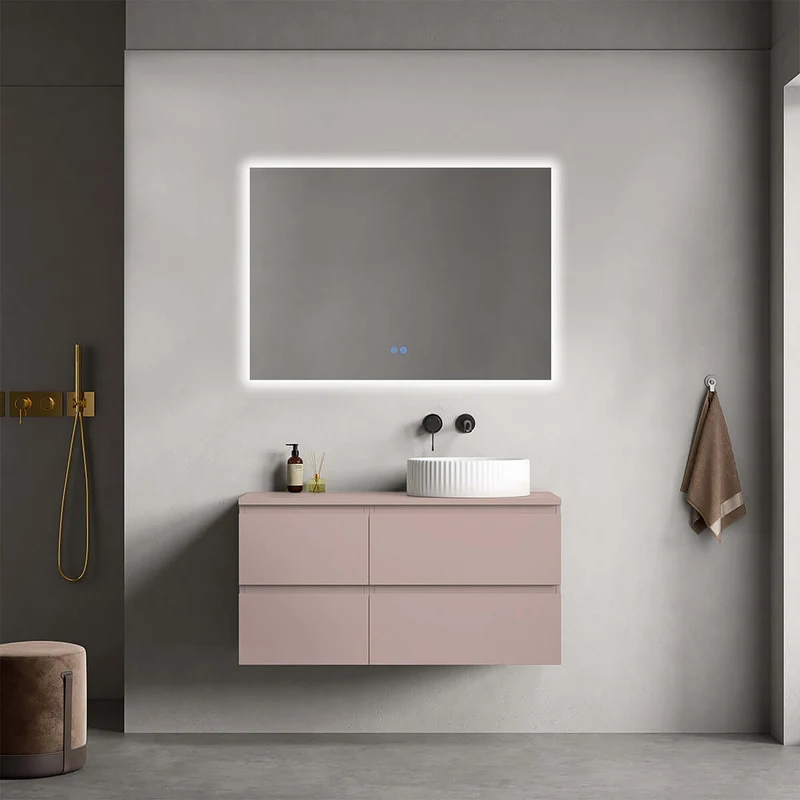 Mobile bagno sospeso reversibile 100 cm Rosa Retrò per Lavabo d'appoggio Specchio Quadro Retroilluminato - Fiji Paint Top