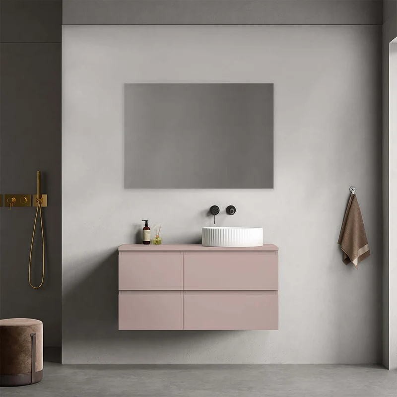 Mobile bagno sospeso reversibile 100 cm Rosa Retrò per Lavabo d'appoggio Specchio Quadro - Fiji Paint Top