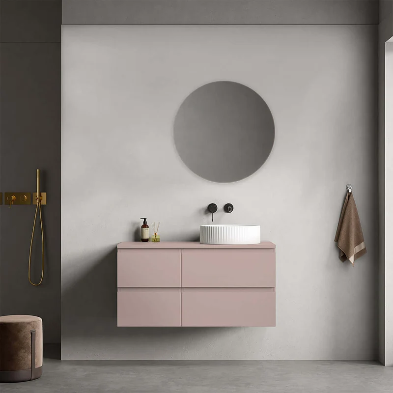 Mobile bagno sospeso reversibile 100 cm Rosa Retrò per Lavabo d'appoggio Specchio Tondo - Fiji Paint Top