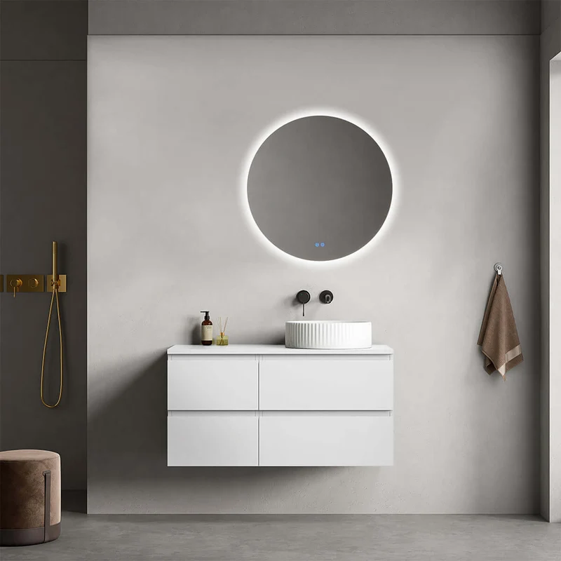 Mobile bagno sospeso reversibile 100 cm Bianco Opaco per Lavabo d'appoggio Specchio Tondo Retroilluminato - Fiji Paint Top