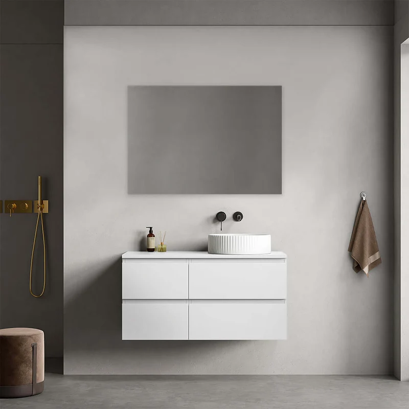 Mobile bagno sospeso reversibile 100 cm Bianco Opaco per Lavabo d'appoggio Specchio Quadro - Fiji Paint Top