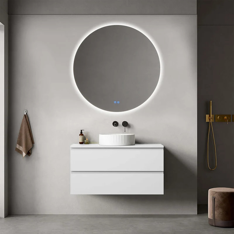 Mobile bagno sospeso 100 cm Bianco Opaco per Lavabo d'appoggio Specchio Tondo Retroilluminato - Fiji Paint Top