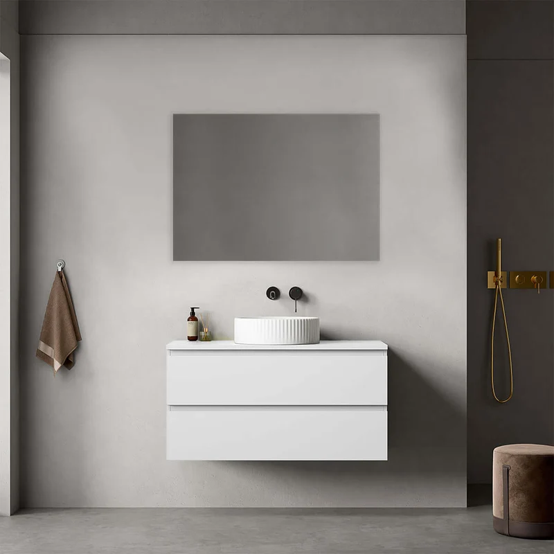 Mobile bagno sospeso 100 cm Bianco Opaco per Lavabo d'appoggio Specchio Quadro - Fiji Paint Top