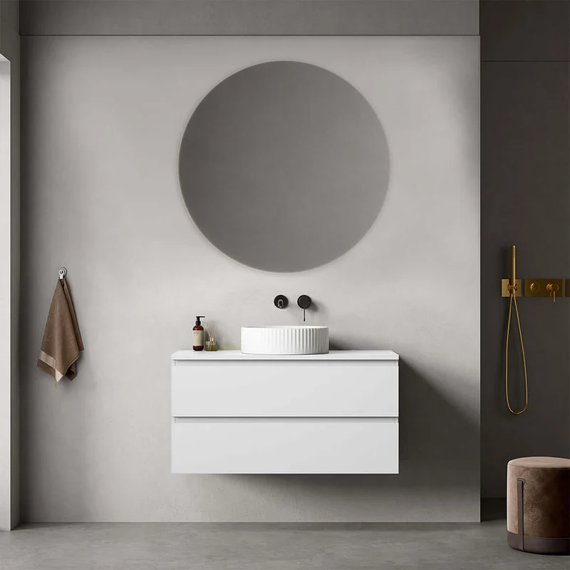 Mobile bagno sospeso 100 cm Bianco Opaco per Lavabo d'appoggio Specchio Tondo - Fiji Paint Top