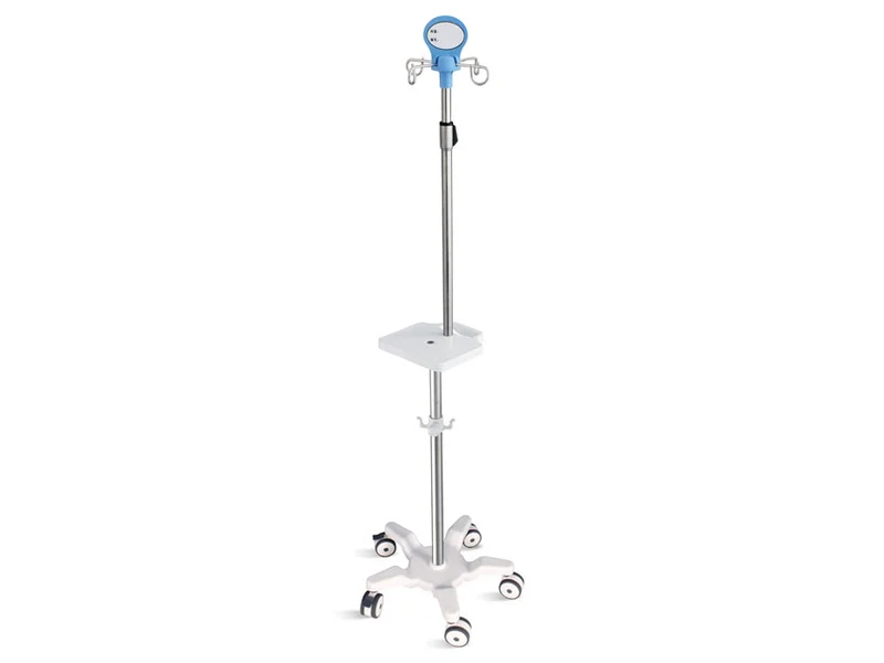 Piantana per Pompe Infusionali a 5 Ruote con Manico e Ripiano - Acciaio Inox - 4 Ganci - Portata 20 Kg