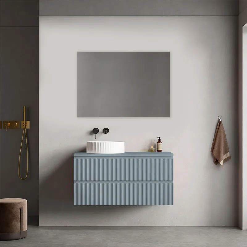 Mobile bagno sospeso cannettato reversibile 100 cm Blu Avio per Lavabo d'appoggio Specchio Quadro - Fiji Paint Top Canneté