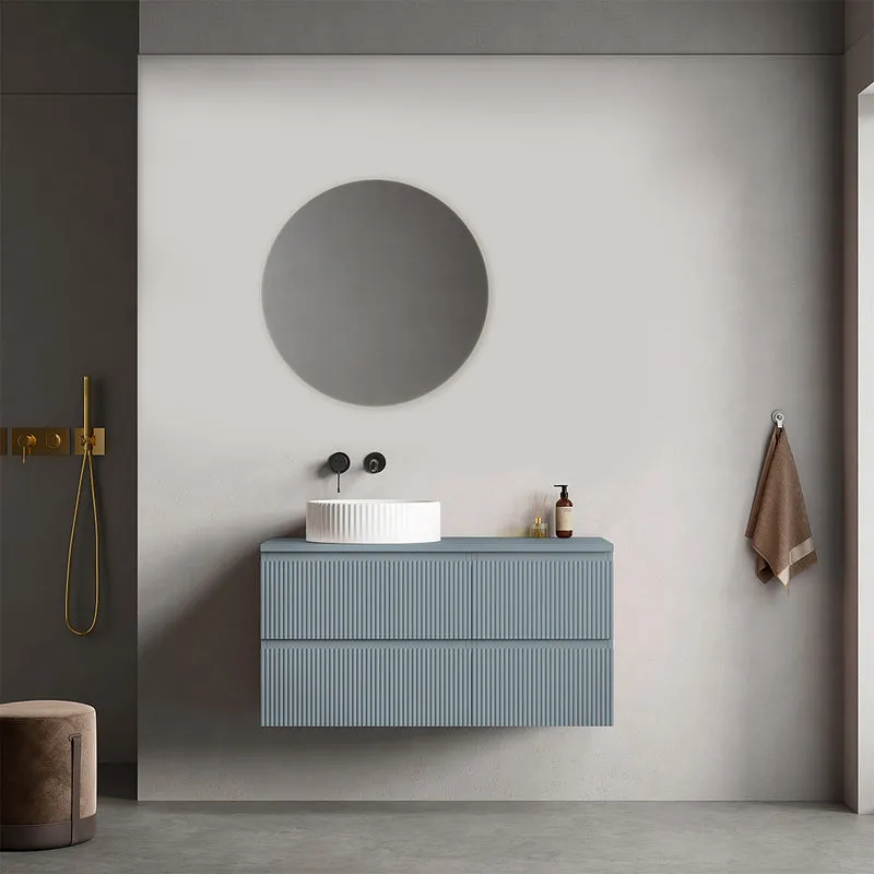 Mobile bagno sospeso cannettato reversibile 100 cm Blu Avio per Lavabo d'appoggio Specchio Tondo - Fiji Paint Top Canneté
