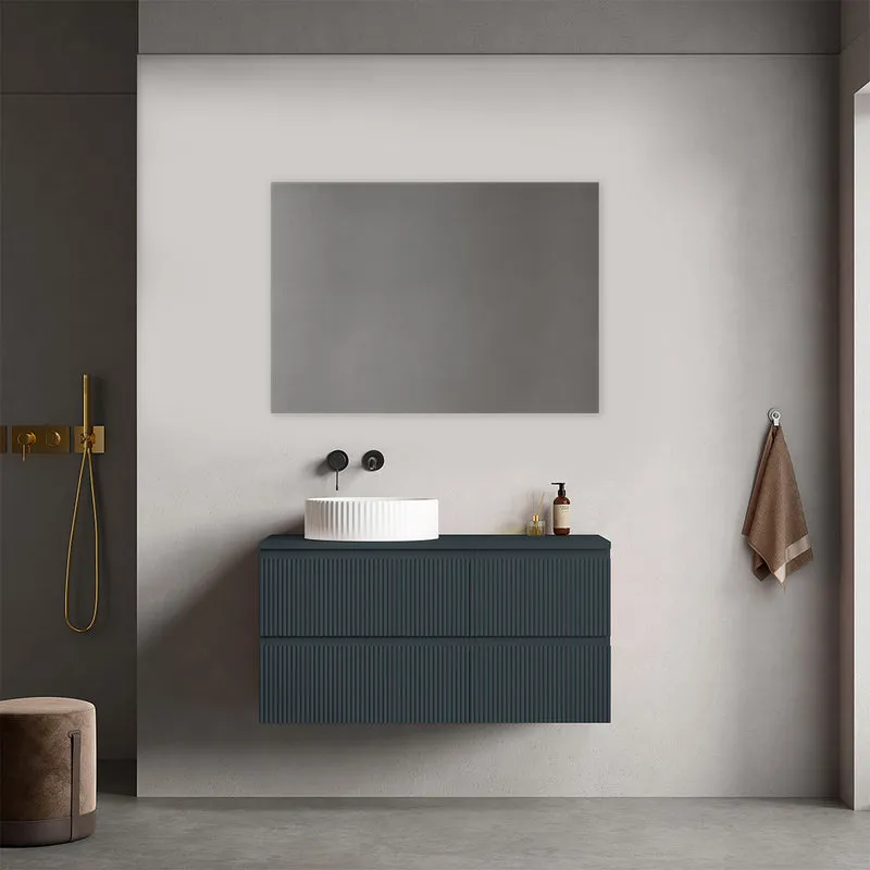 Mobile bagno sospeso cannettato reversibile 100 cm Blu Mare per Lavabo d'appoggio Specchio Quadro - Fiji Paint Top Canneté