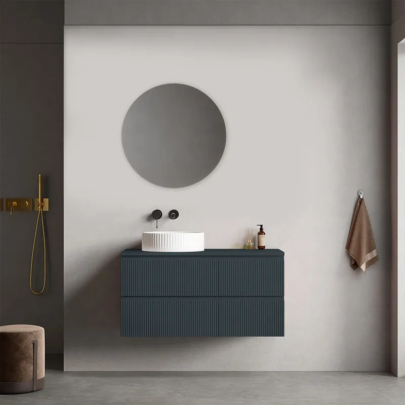 Mobile bagno sospeso cannettato reversibile 100 cm Blu Mare per Lavabo d'appoggio Specchio Tondo - Fiji Paint Top Canneté